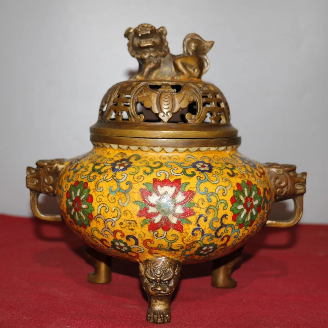 

9"Tibetan Temple Collection Old Bronze Cloisonne Lion statue Animal head Binaural Three-legged incense burner Ornaments