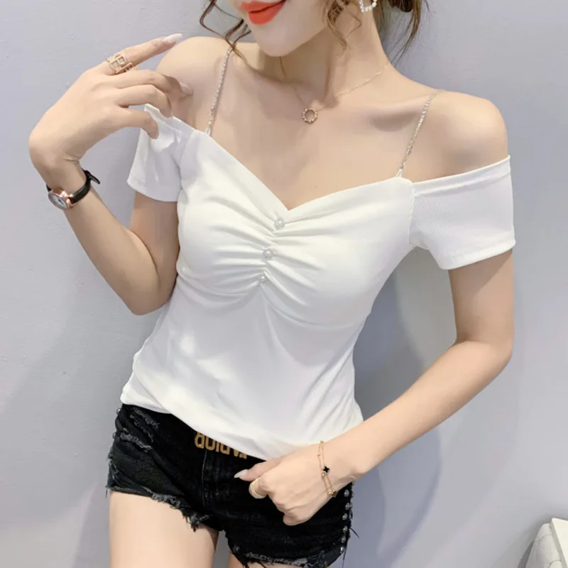 

#6139 летняя футболка с открытыми плечами, женская сексуальная облегающая футболка с воротником-лодочкой, женская вязаная футболка с коротки...