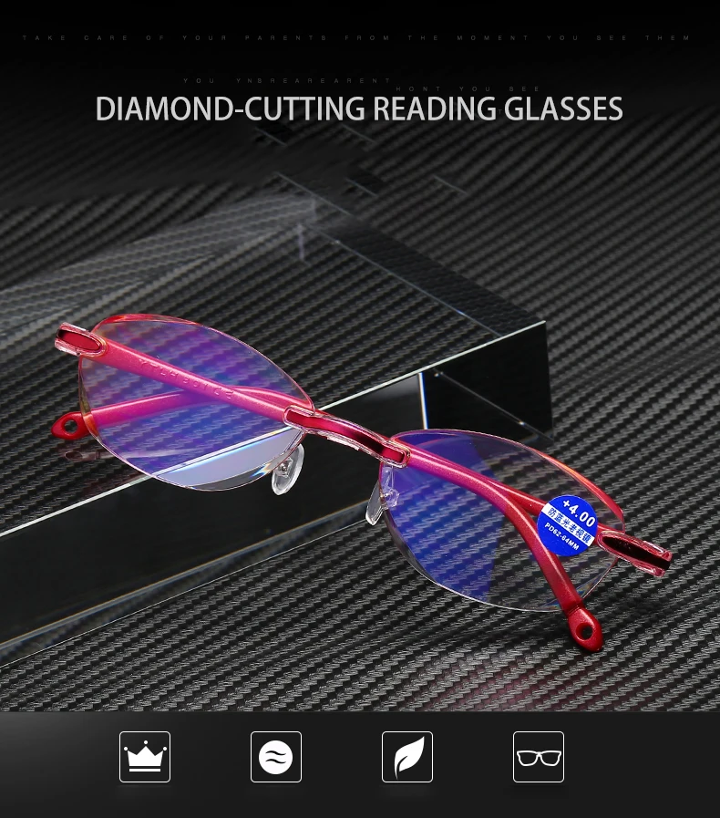 Очки для чтения женские без оправы Пресбиопия леди анти синий светильник очки + 1 0
