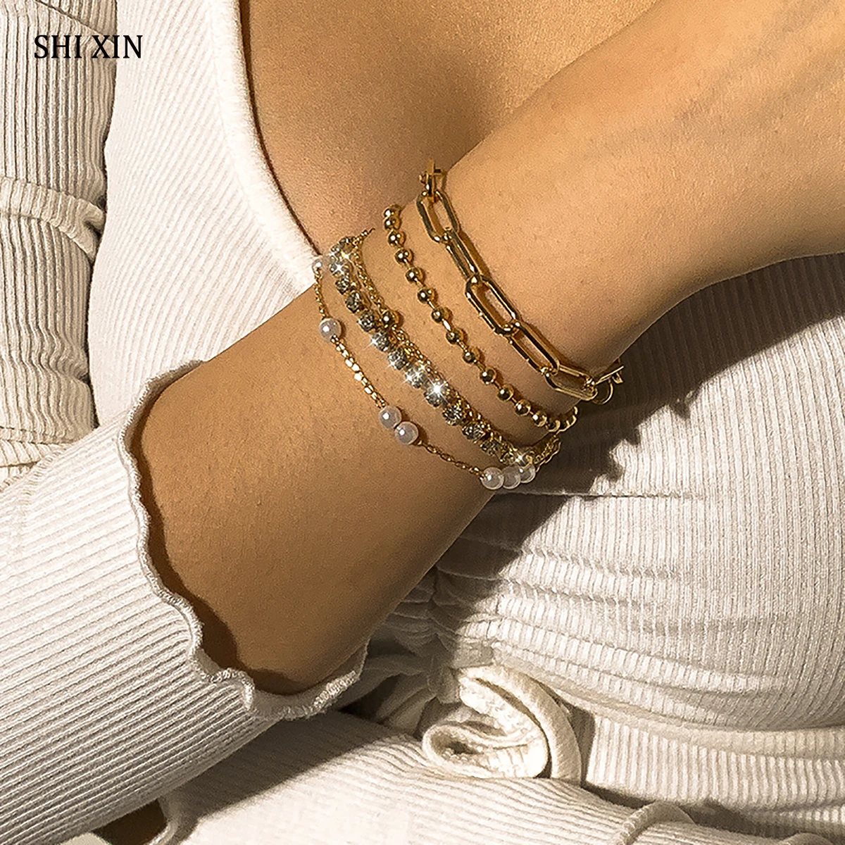 

SHIXIN Punk Crystal Pearl Beads Bracelets for Women Bohemian Multi Layer Hand Chains Bracelets Female Jewelry Fashion 2021 Gifts
