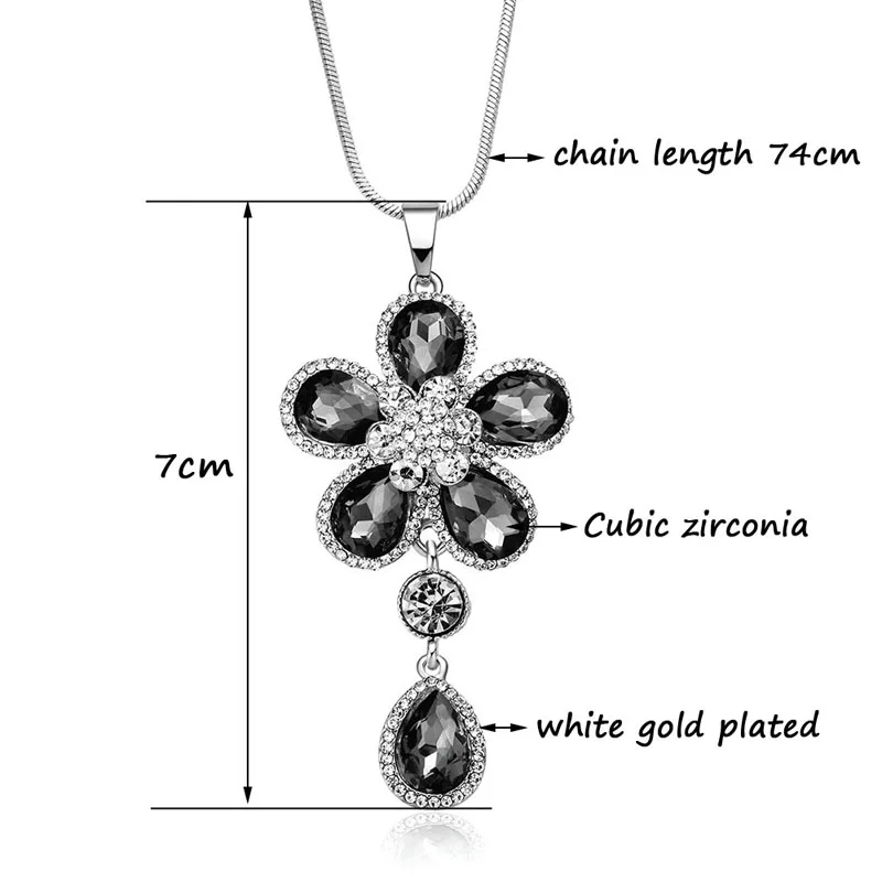 

SINLEERY Dazzling Flower Long Pendant Necklace Silver Color Chain Gray Blue Zircon Crystal Necklace For Women Jewelry MY090 SSI