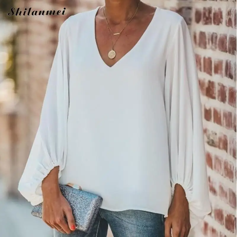 

Блузки размера плюс с рукавом-фонариком, женские блузы с длинным рукавом и v-образным вырезом, блузы больших размеров d, рубашки 2019, Осенние п...