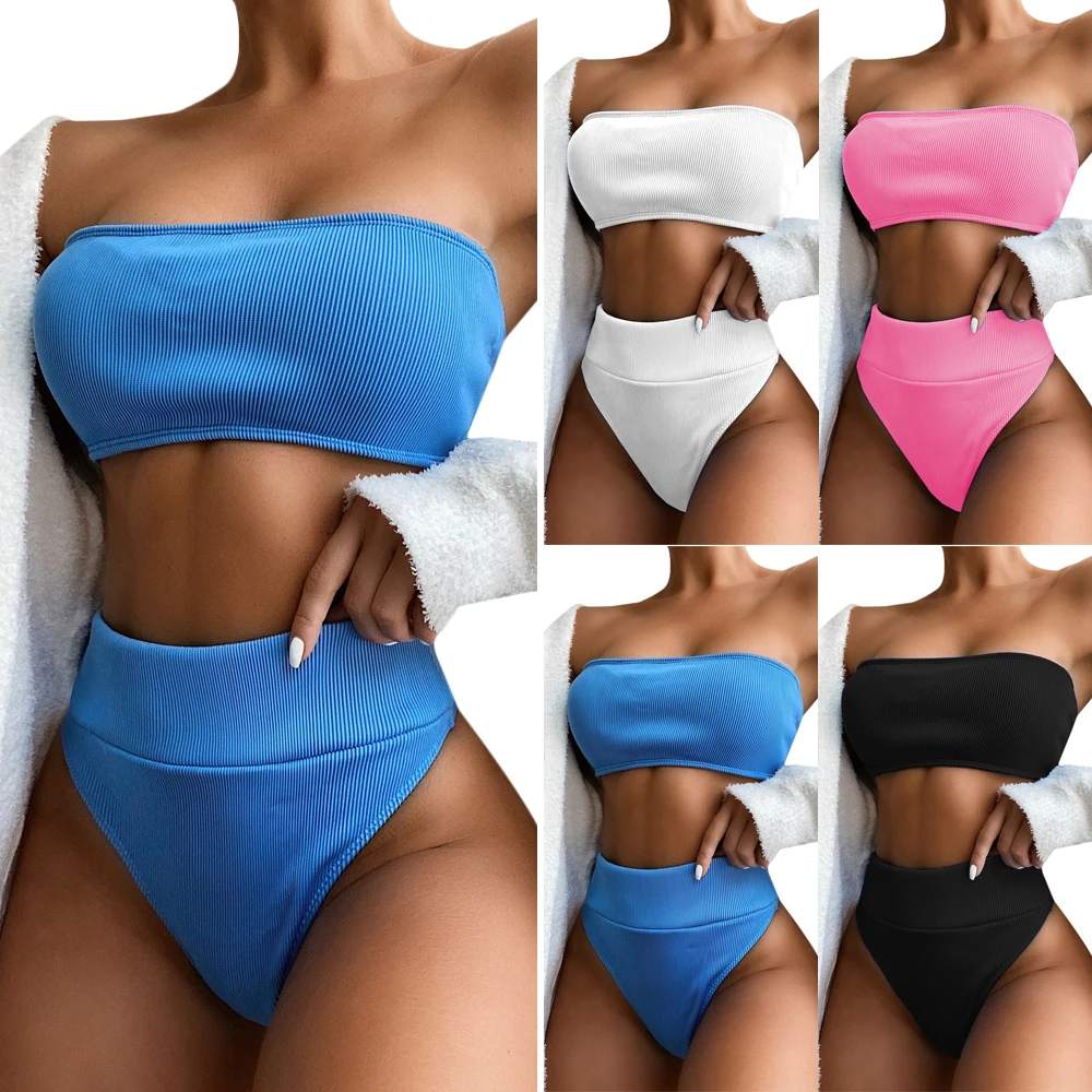 

2021 Sexy Bikinis New High Waist Solid Push Up Breast Wrap Bikini Set Swimsuit Female Swimwear Women Bather Biquini Mujer