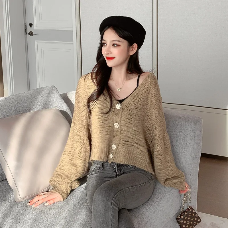 

Autumn 2019 new single-breasted plain-color V-Neck cardigan long-sleeved knitted sweater for women