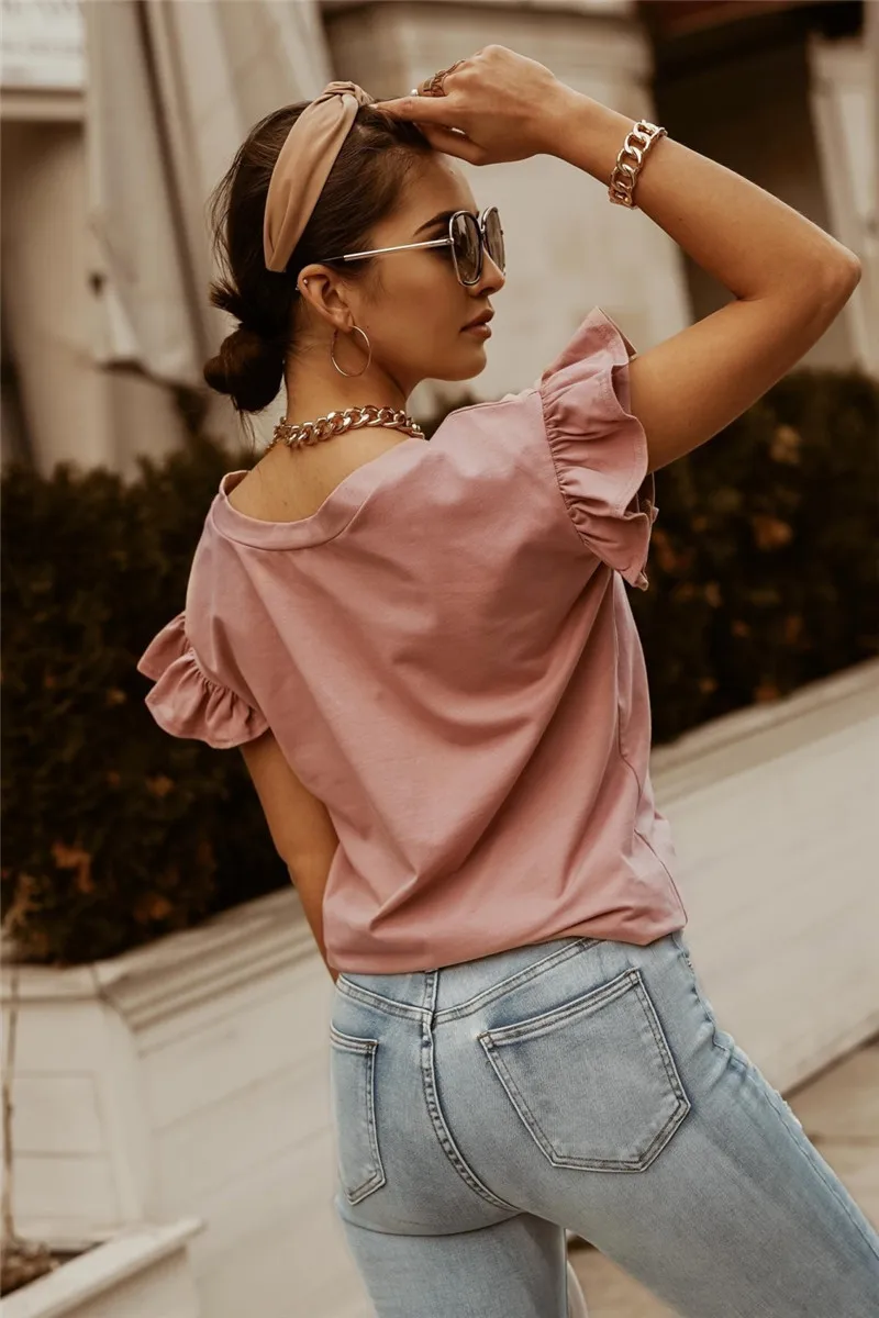 

New Brand Women Ruffles Summer Clothes Solid Color V-neck Blouse Casual Women Shirt Women Tops 3 Colors Drop Shipping