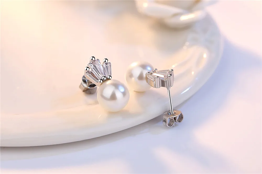 

925 Sterling Silver Jewelry Woman Fashion Brand Stud Earrings Luxury AAA Crystal High Pearl Crown Earrings Sweet Lovely