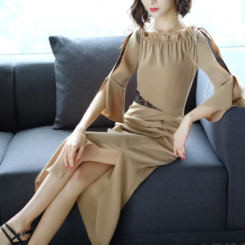 Весенне летнее женское вечернее платье миди с вырезом лодочкой одноцветные