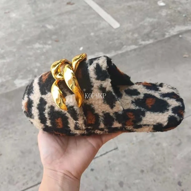 

Women Fur Slippers Winter Chain Slides Fluffy Furry Sandals Flip Flops Home Hot Ladies Plush Shoes Leopard Indoor Zapato Muje