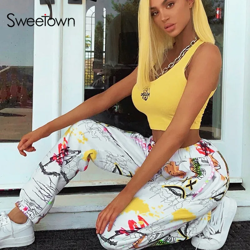 Sweetown, граффити, мешковатые брюки-карго, для женщин, для бега, спортивные штаны, повседневные, с карманами, эластичные, с высокой талией, брюки для женщин, хип-хоп, уличная одежда
