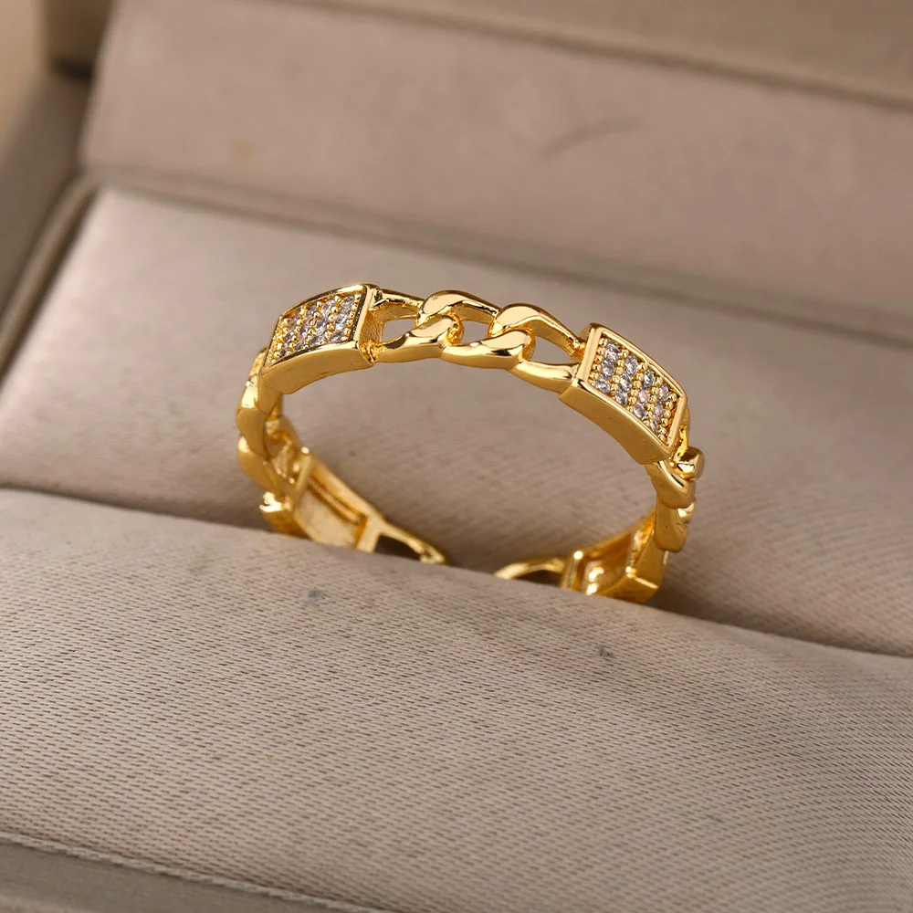 

Hip Hop Punk Zircon Grinding Chain Rings For Women Stainless Steel Gold Ring Vintage Opening Wedding Ring Gothic Jewelry Gift