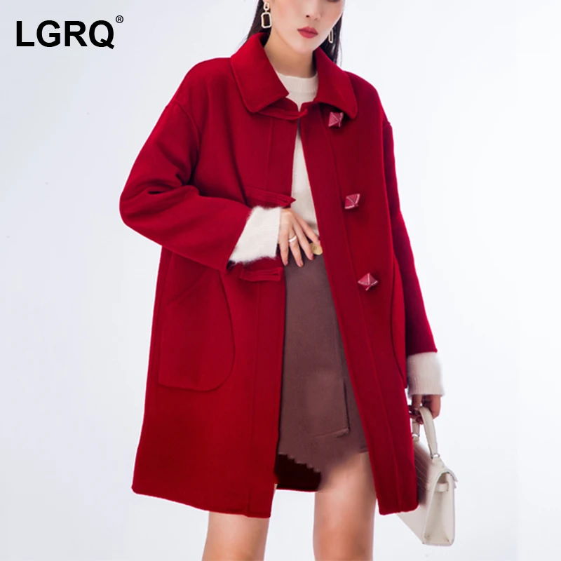 

[LGRQ] Red Loose Texture Big Pockets Woolen Coat Parkas New Arrival Long Sleeve Women Fashion Tide Autumn Winter 2021 19D2781