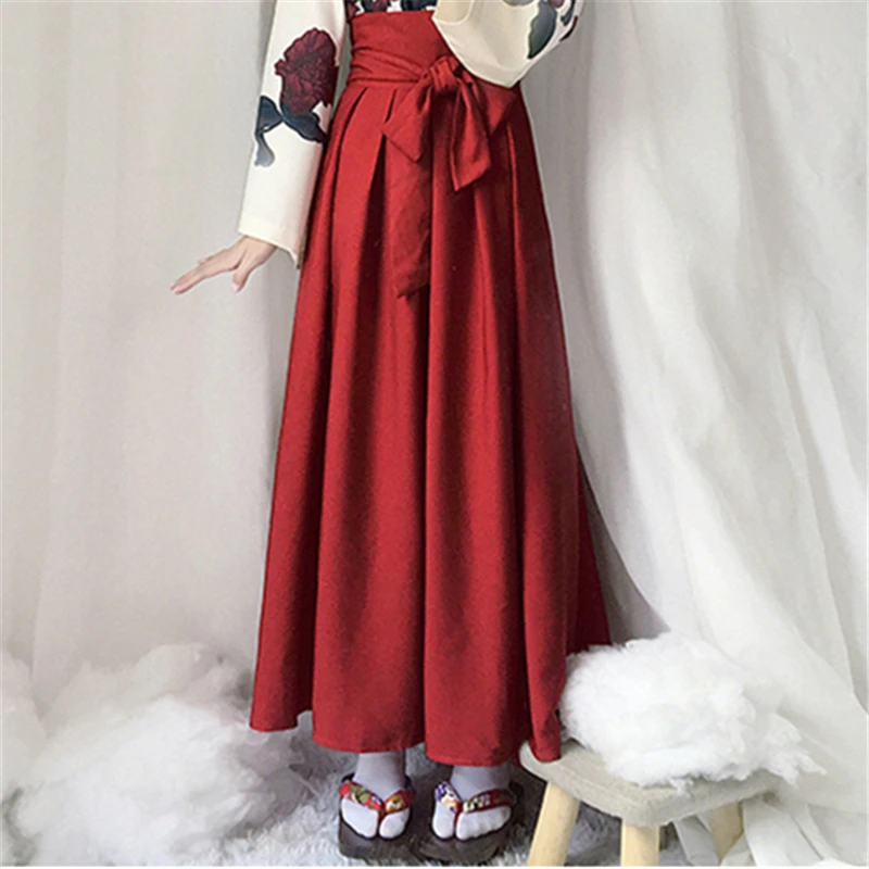 One Red Long Skirt Женские вечерние платья в японском стиле ретро-кимоно с цветочным рисунком и длинными рукавами, летняя модная одежда, топ с бантом, юбка Haori для женщин - Цвет: One Red Long Skirt