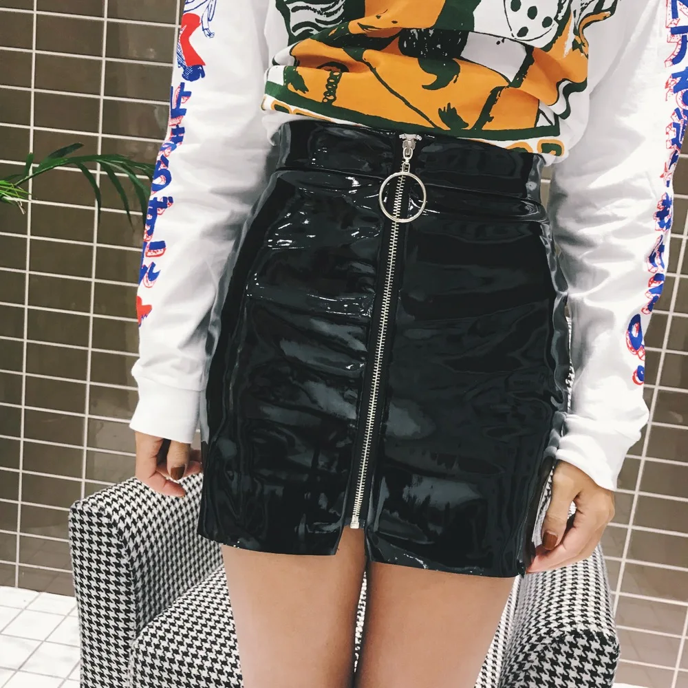 

Faldas Skirts Time-limited Pu Tutu Spring New Sexy Party Brand High Street Patent Leather Ring Zipper Solid Color Skirt Female