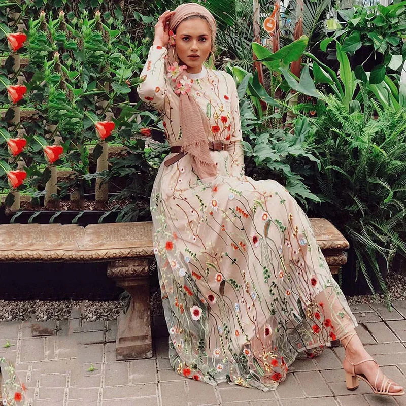 

Abaya Ramadan Prayer Fashion Long Skirt Embroidered Mesh Double Long Sleeve Dress Muslim Women Long Skirt Islamic Shopping Dress