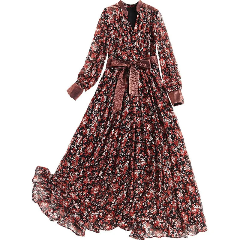 

2021 Spring Summer New Hot Women Print Pleated Chiffon Dress Fashion Female Casual Flare Sleeve Lotus leaf neck Basic Dresses