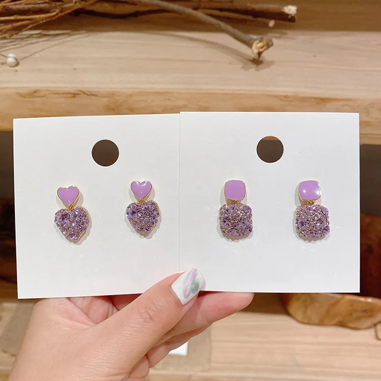 

South Korea Dongdaemun new taro purple flash diamond heart-shaped earrings temperament earrings Joker earrings
