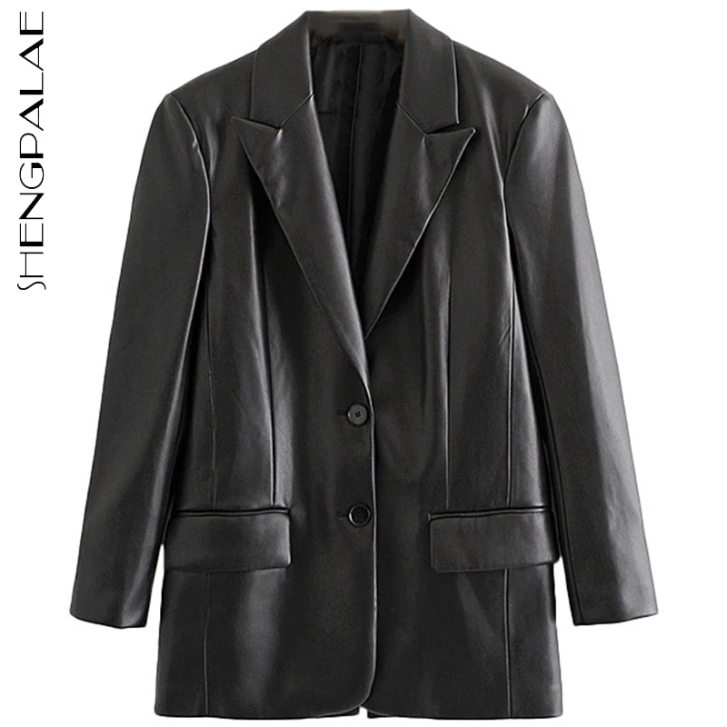 

SHENGPALAE Black PU Leather Blazer Women's Autumn 2021 New Notched Loose Single Breasted Long Sleeve Suit Jacket Female Tide