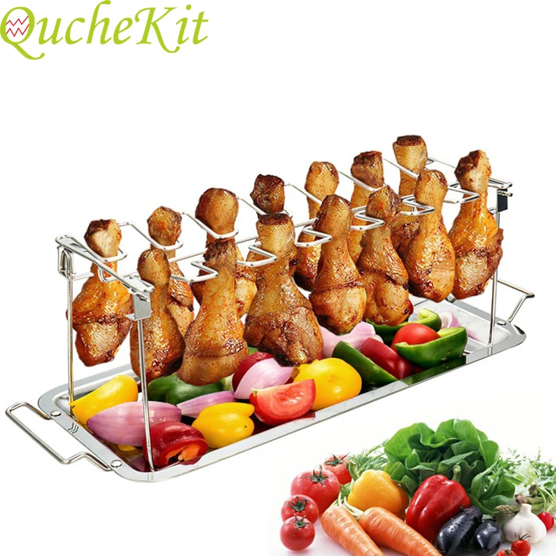 Foldable Barbecue Grill Chicken Wing Leg BBQ Rack With Drip Pan Stainless Steel Barbecue Rack Indoor Outdoor BBQ Accessories