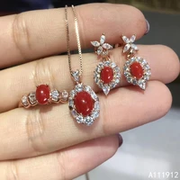 kjjeaxcmy fine jewelry natural red coral 925 sterling silver women pendant necklace chain earrings ring set support test trendy