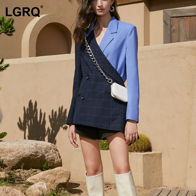 

Женский Асимметричный Блейзер [LGRQ] в стиле пэчворк, новый пиджак свободного покроя с отложным воротником и длинным рукавом, модный тренд, Ос...