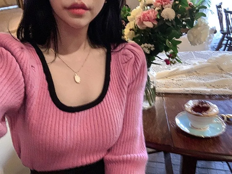 Женский укороченный свитер с квадратным вырезом Woherb элегантный вязаный пуловер