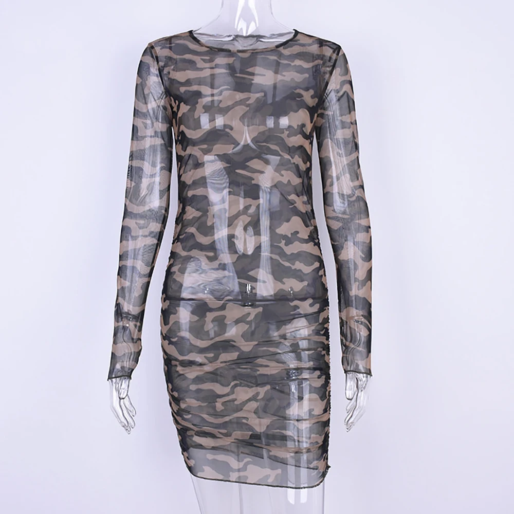 

Casual See-through Body O-Neck Camouflage Mini Bodycon Dress Printed Full Long Sleeve Pleated Sheath Party Dress Vestidos