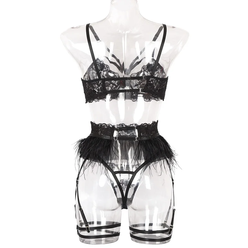 

3-piece Floral Lingerie Set Women Pink Black Sexy Underwear Ladies Transparent Erotic Set