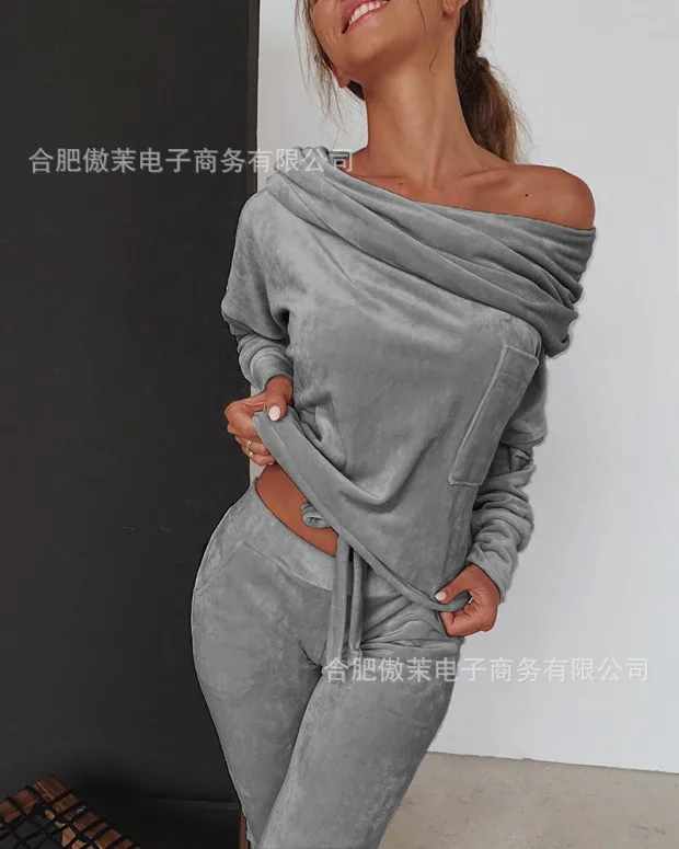 

WEPBEL Autumn Winter Solid Color Plush Casual Suit Women's Long Sleeve Slash Neck Pullover Top + Elastic Waist Pencil Pants Suit
