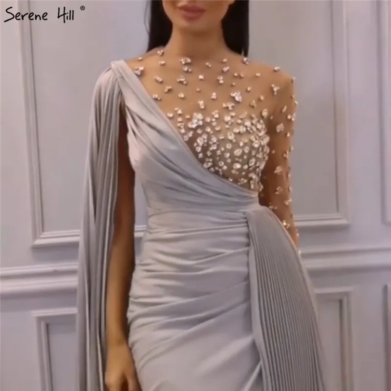 Red One Shoulder Mermaid Sexy Evening Dresses 2021 Long Sleeve Diamonds Satin Formal Dress Serene Hill LA70465 | Свадьбы и торжества