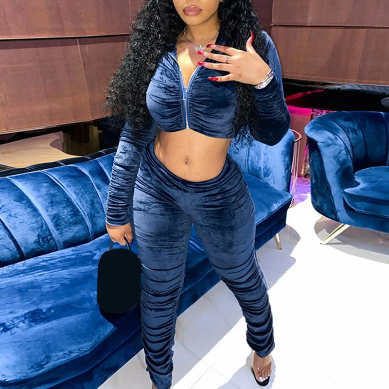 

Ladies Korean Velvet Fashion Casual Long-Sleeve Hooded Cropped Top Slim-Fit Pleated Pants Suit