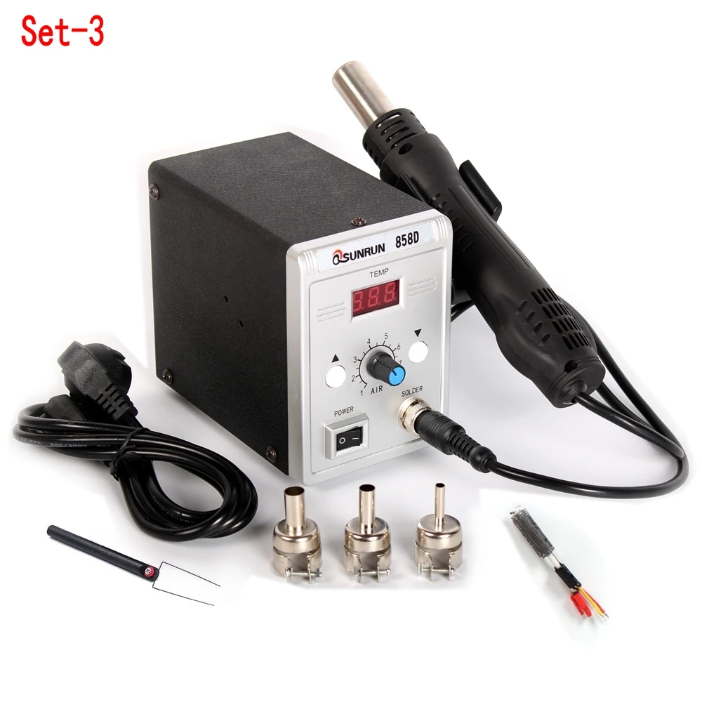 Set-3 Фена 858D паяльная станция для деталей поверхностного монтажа SMD 700 Вт 110 В/220 В Тепловая пушка для сварки ремонтных инструментов пояльник фен паяльный портативная паяльная станция bga стол для пайки светодиодов - Цвет: Set-3