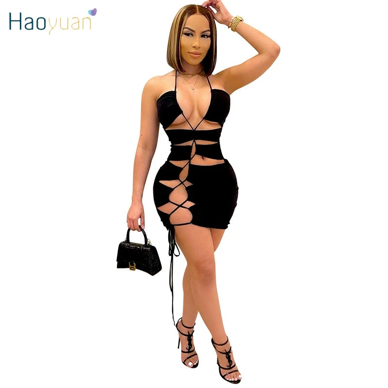 

HAOYUAN Sexy Bandage Bodycon Mini Dress for Women Summer Vacation Outfits Backless Hollow Out Ladies Dresses Night Clubwear