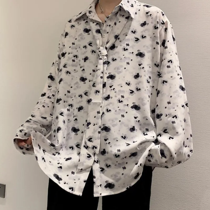 

Tie White Shirt Men's Fashion Business Society Mens Dress Shirt Korean Loose Printed Casual Shirt Men Long-sleeved Shirt M-XL