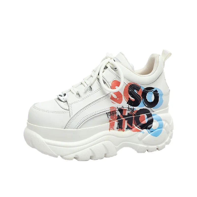 

Prova Perfetto 2021 new platform shoes graffiti increase 8cm thick bottom Sneakers Women punk real cowhide white shoes female
