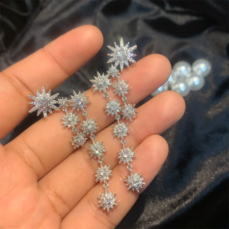 

European Long Tassel Earrings S925 Silver Needle Star Pendant Luxury Cubic Zircon Earrings