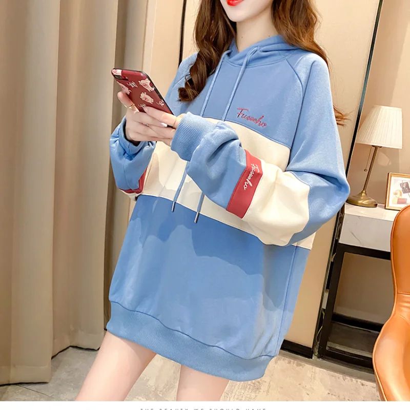 

2021 Spring and Autumn New Korean Color Matching Mid-length Embroidery Loose Large Size Hoo ded Sweater Women