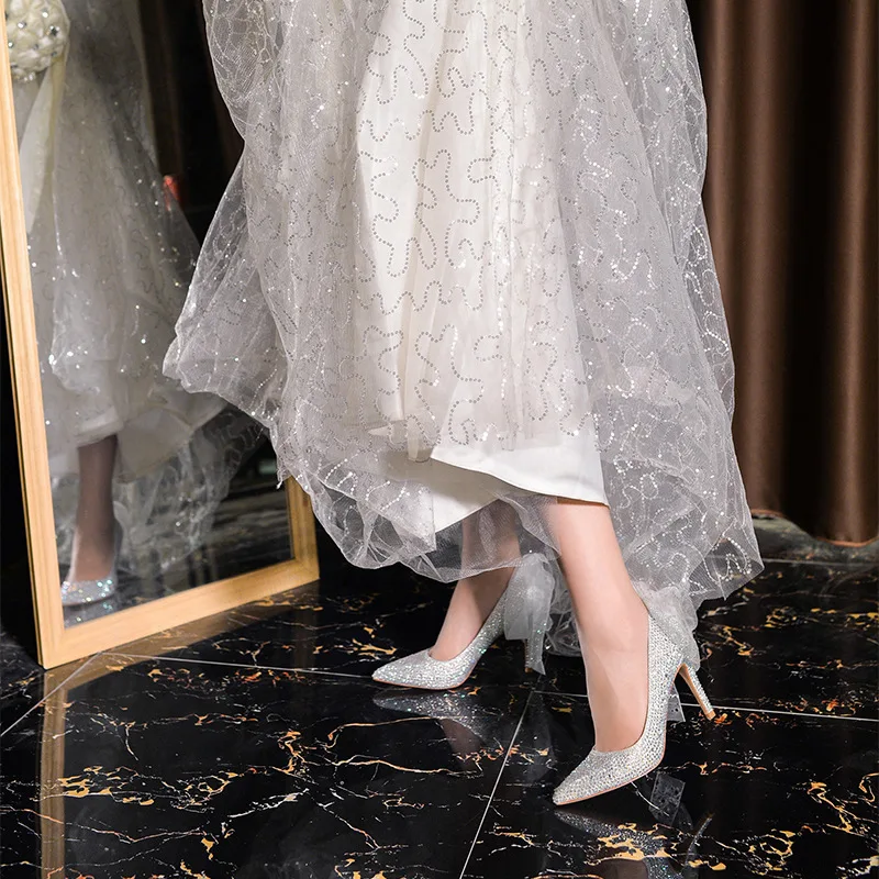 Thin High Heels Women Pumps Sequined Cloth Slip On 7CM 9CM Pointed Toe Shallow Rhinestones Bling Butterfly-knot Women Shoes