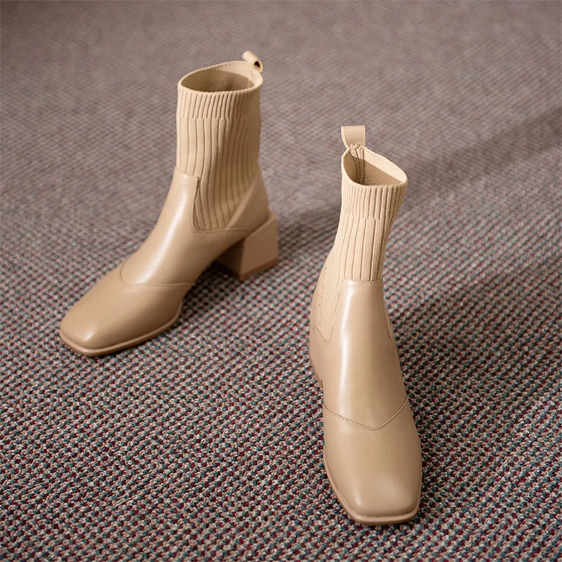 

Meotina Genuine Leather Woman Boots High Heel Ankle Boots Thick Heel Shoes Square Toe Short Boots Ladies Autumn Winter Black 43