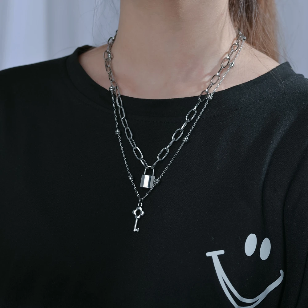 Sifisrri Punk Double Layer Lock and Key Pendant Stainless Steel Necklace for Women Men Couples Valentine's Day Jewelry Gifts | Украшения