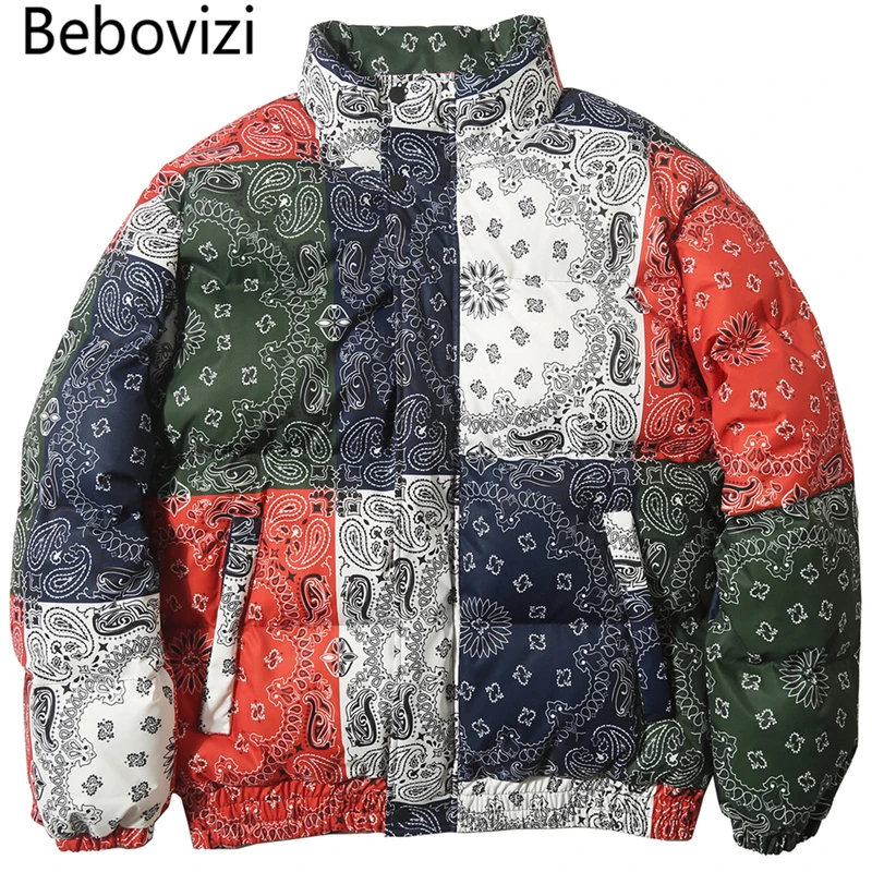 Bebovisi Harajuku парки с цветочным принтом толстые подкладкой цветные лоскутные хлопок