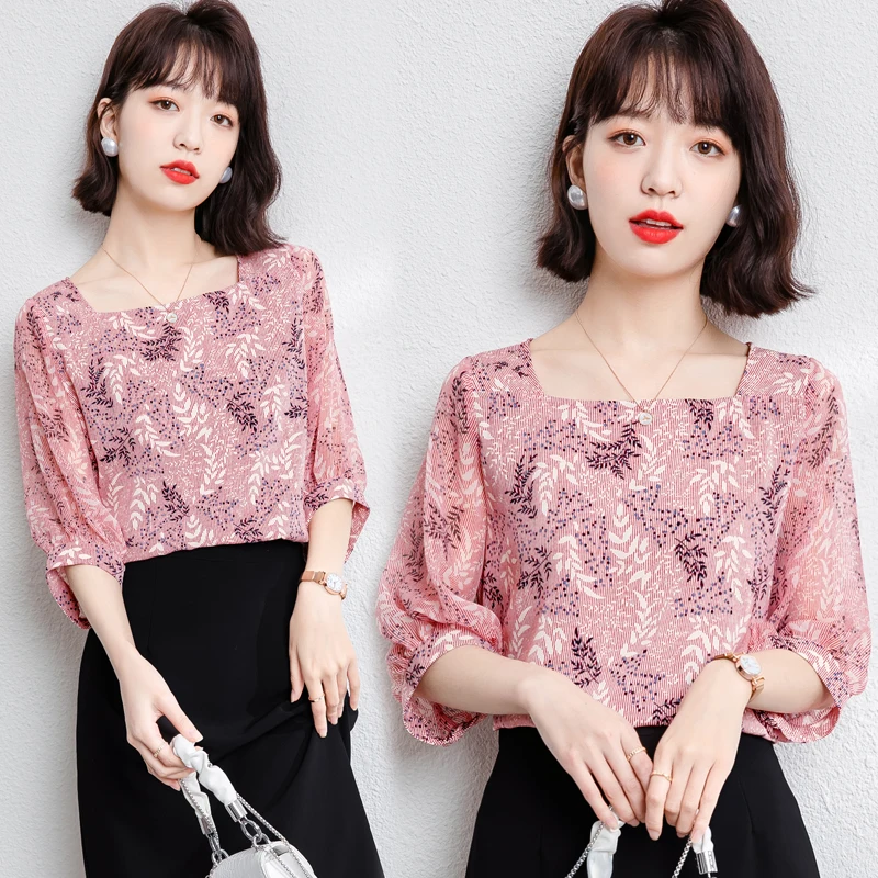 

Houthion Silk Women's Blouses Fashion Short Sleeve Satin Slim Tops Flowers Square Collar Shirt Summer New Casual Blouse