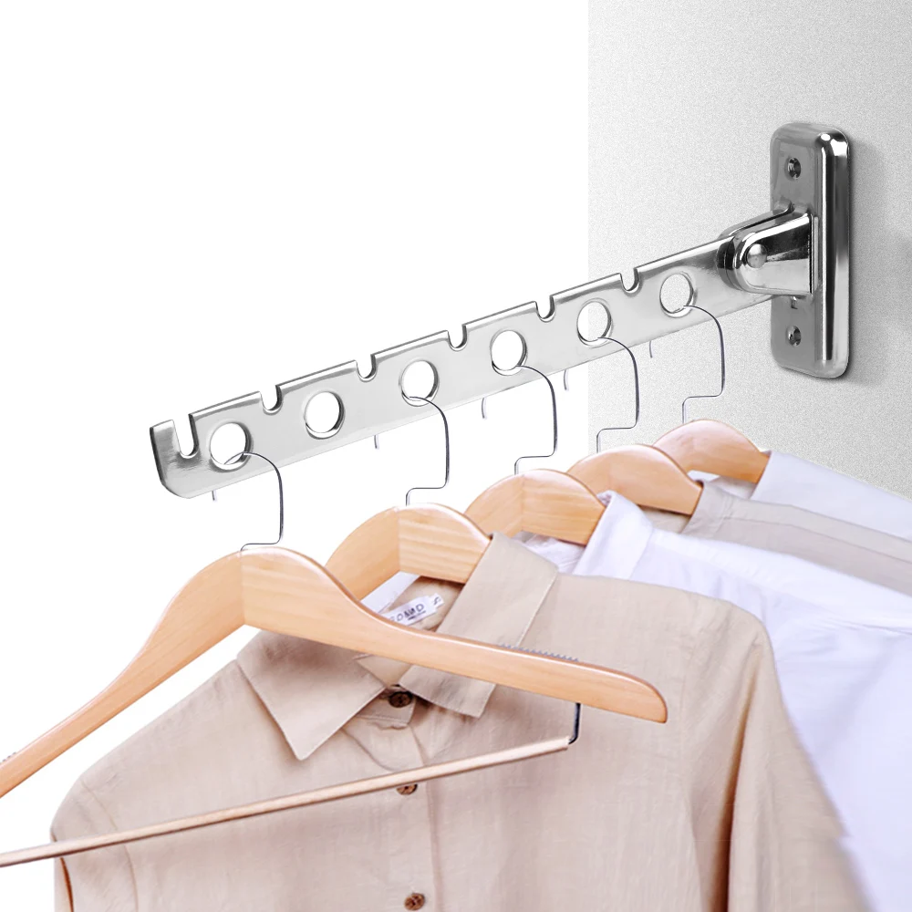 

Laundry Storage Supplies Clothes Drying Rack Wall Mounted Indoor Space Saving 6 Holes Clothes Folding Hangers Stainless Steel