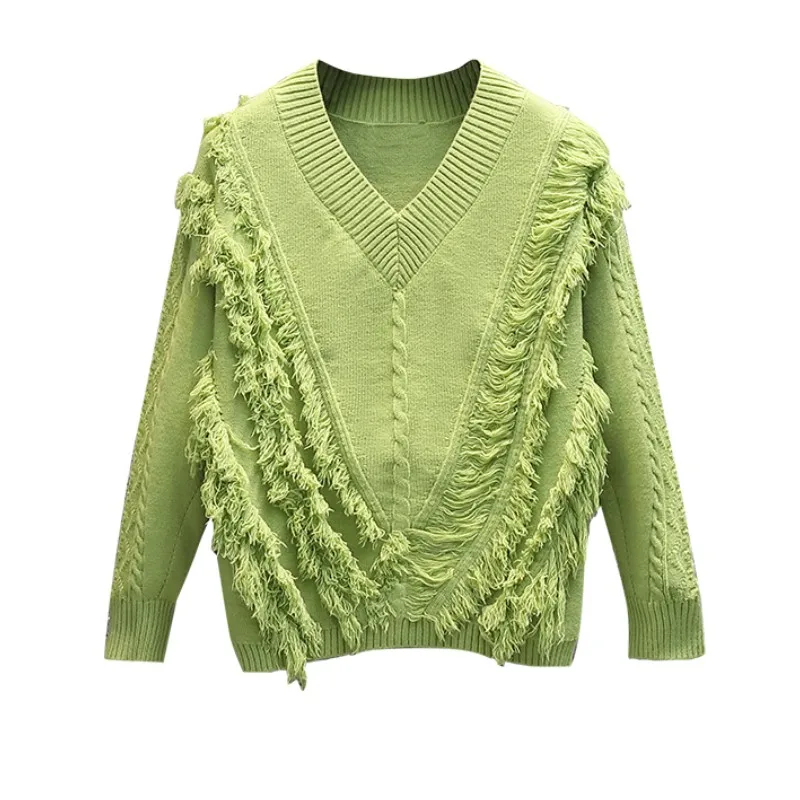 

Модный женский свитер с V-образным вырезом и бахромой, теплый джемпер, вязаная одежда с длинным рукавом, сезон осень-зима 2021, Женский Повседн...