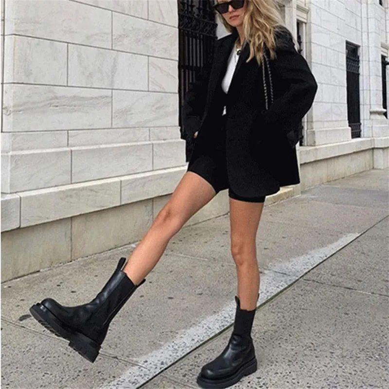 

2020 Women Chelsea Boots Genuine Leather Stylish Ankle Boots New Fashion Black Flat Botas Mujer Ladies Slip-on Short Booties