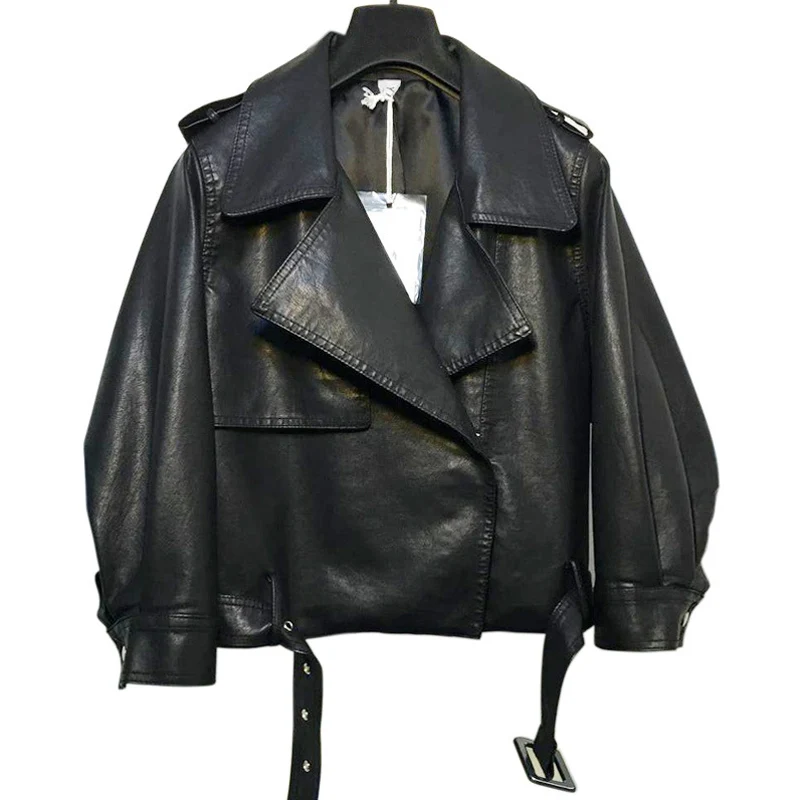 

2020 Brand Women Pu Leather Jacket Coats Female Loose Faux Ladies Motorcycle Biker with Belt Plus Size Outerwear Batwing Sleeve