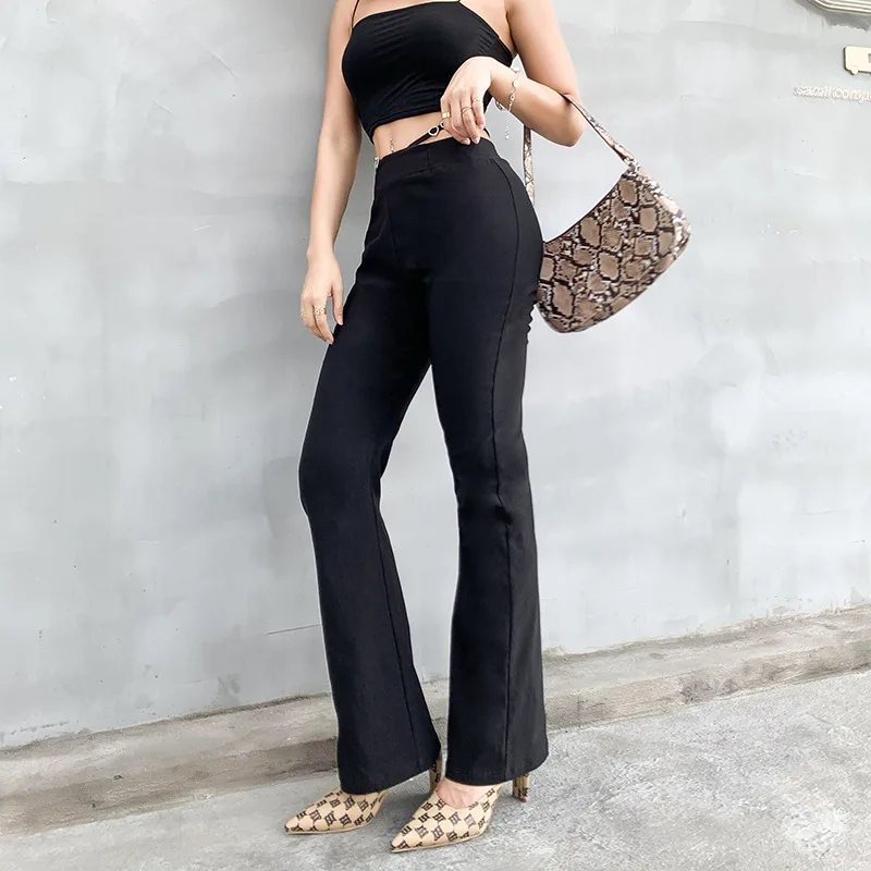 

Black High Waist Streetwear Women Skinny Flare Pants 2021 Autumn Female Fashion Wide Leg Slim Trousers Mid Waisted Pants