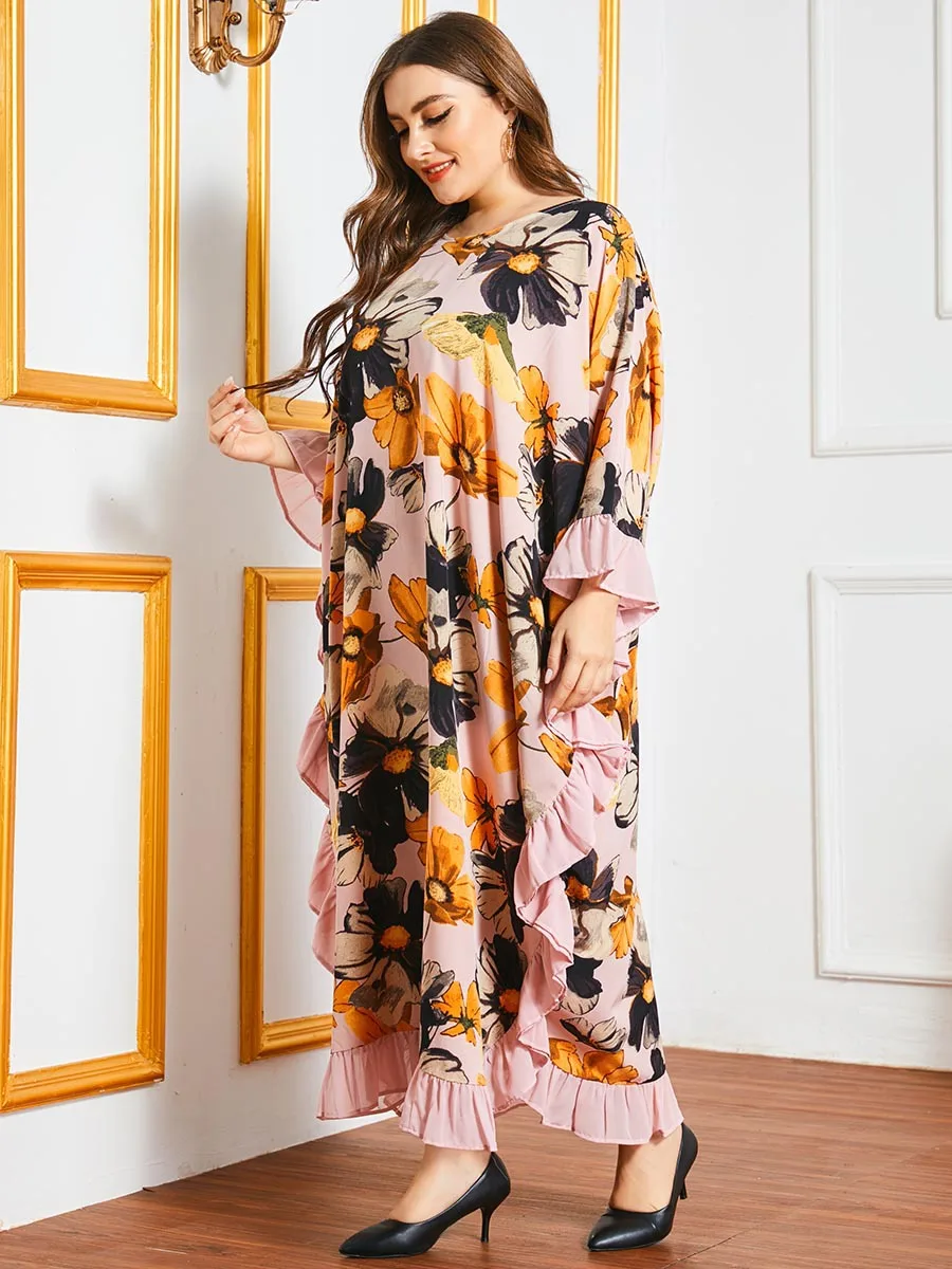 2021  Flower Ink Painting Batwing Sleeve Muslim Fashion Abayas Vestidos Elegant Pink Ruffles Oversized Long Dress for Women