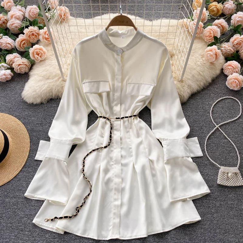 

Fashion Casual Champagne Satin Shirt Dress Women Autumn New Flare Sleeve Loose Mini Dress with Chain Belt Korean Ol Robe Femme