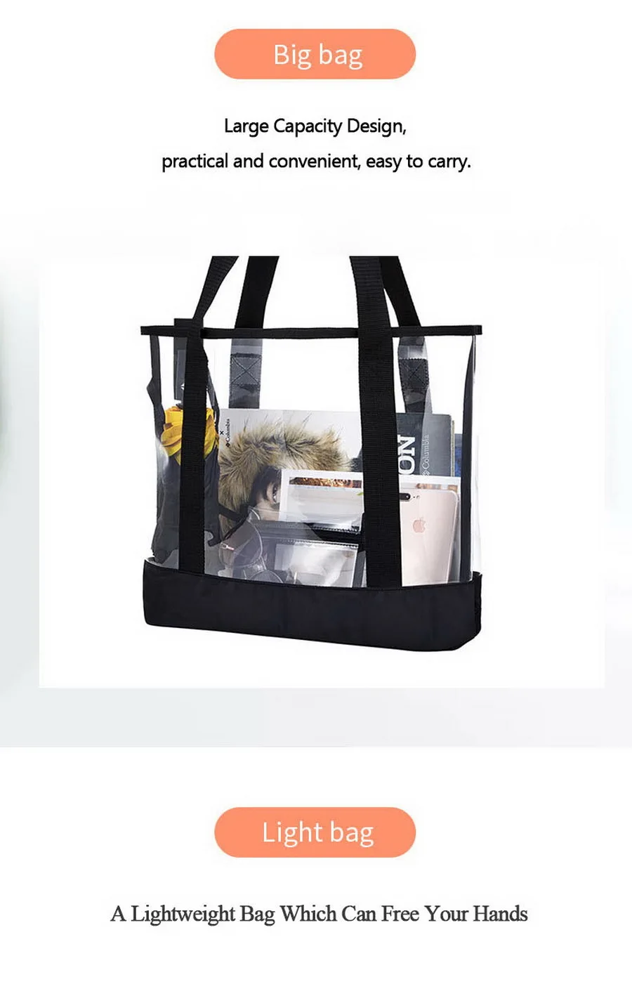 

Large Clear Tote Bag Fashion PVC Shoulder Handbag for Women Clear Stadium Bag for Security Travel,Shopping,Sports and Work