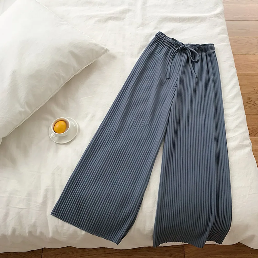 

2021 Women Loose Wide Leg Pants Summer High Waist New Arrival Solid Trousers Casual Drawstring Summer Autumn Pants